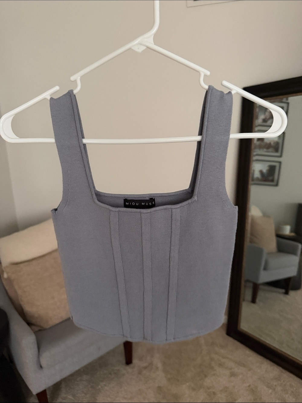 Gray/blue Ribbed Square-Neck Tank Top